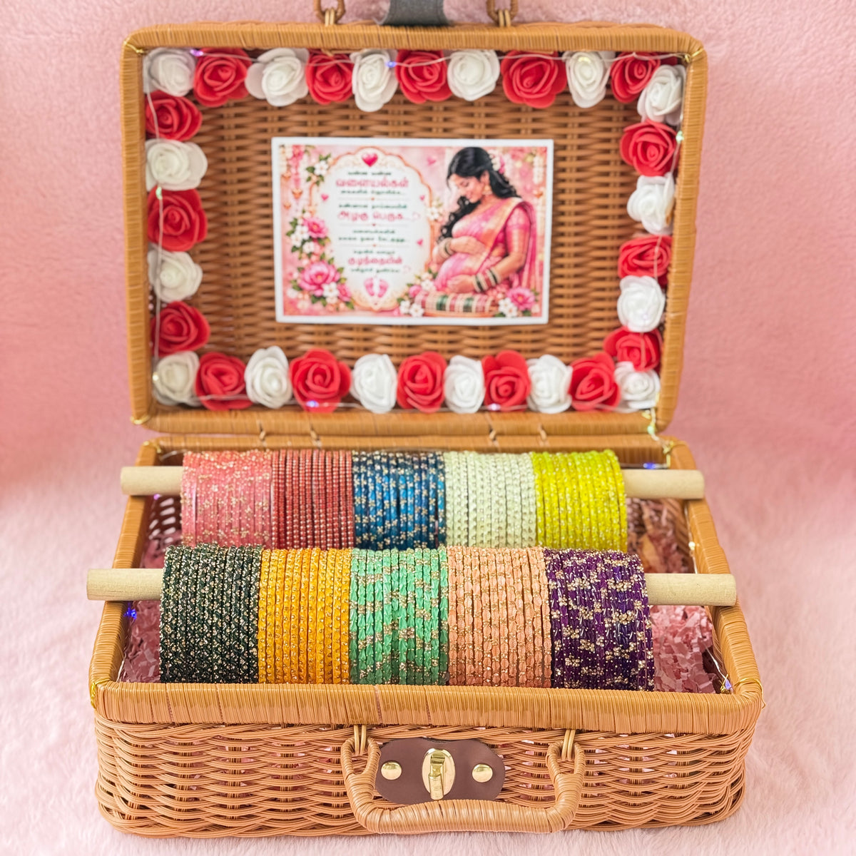 Premium Valaikappu Glass Bangle Hamper Box – 10 Color Glass Bangles Set in Handcrafted Suitcase Gift Box | Bangle Size 2.6