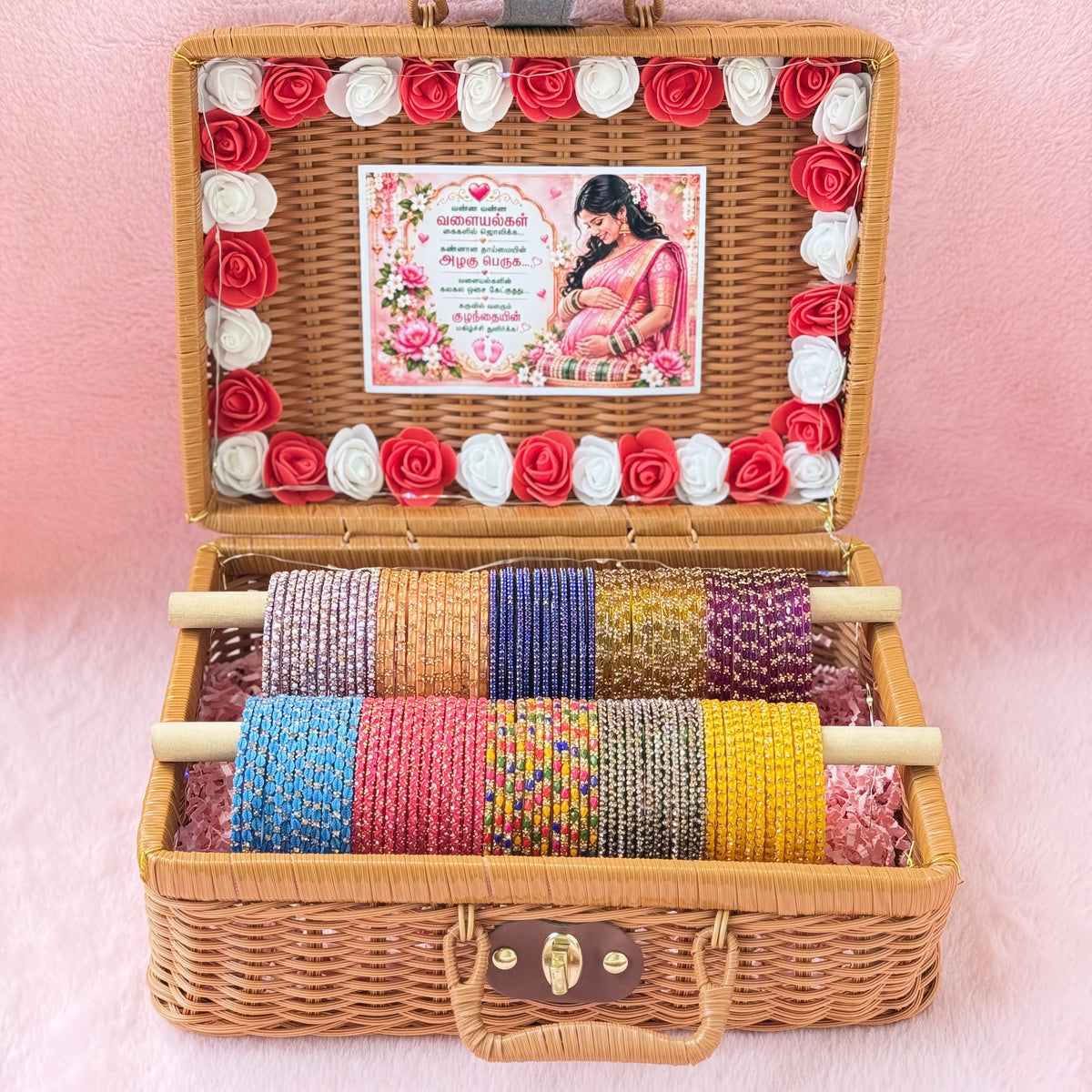 Premium Valaikappu Glass Bangle Hamper Gift Box – 10 Color Glass Bangles Set in Handcrafted Suitcase | Size 2.4