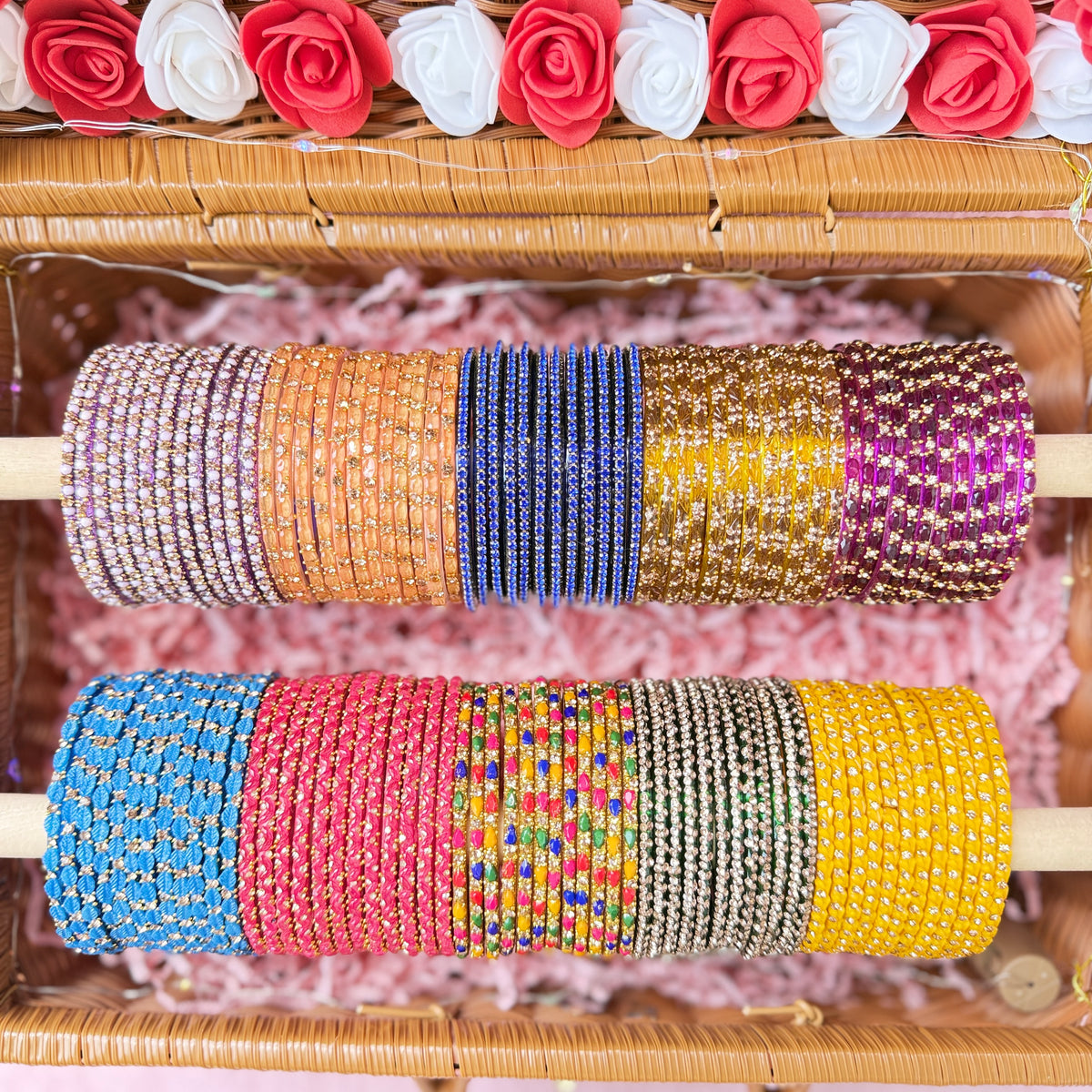 Premium Valaikappu Glass Bangle Hamper Gift Box – 10 Color Glass Bangles Set in Handcrafted Suitcase | Size 2.4