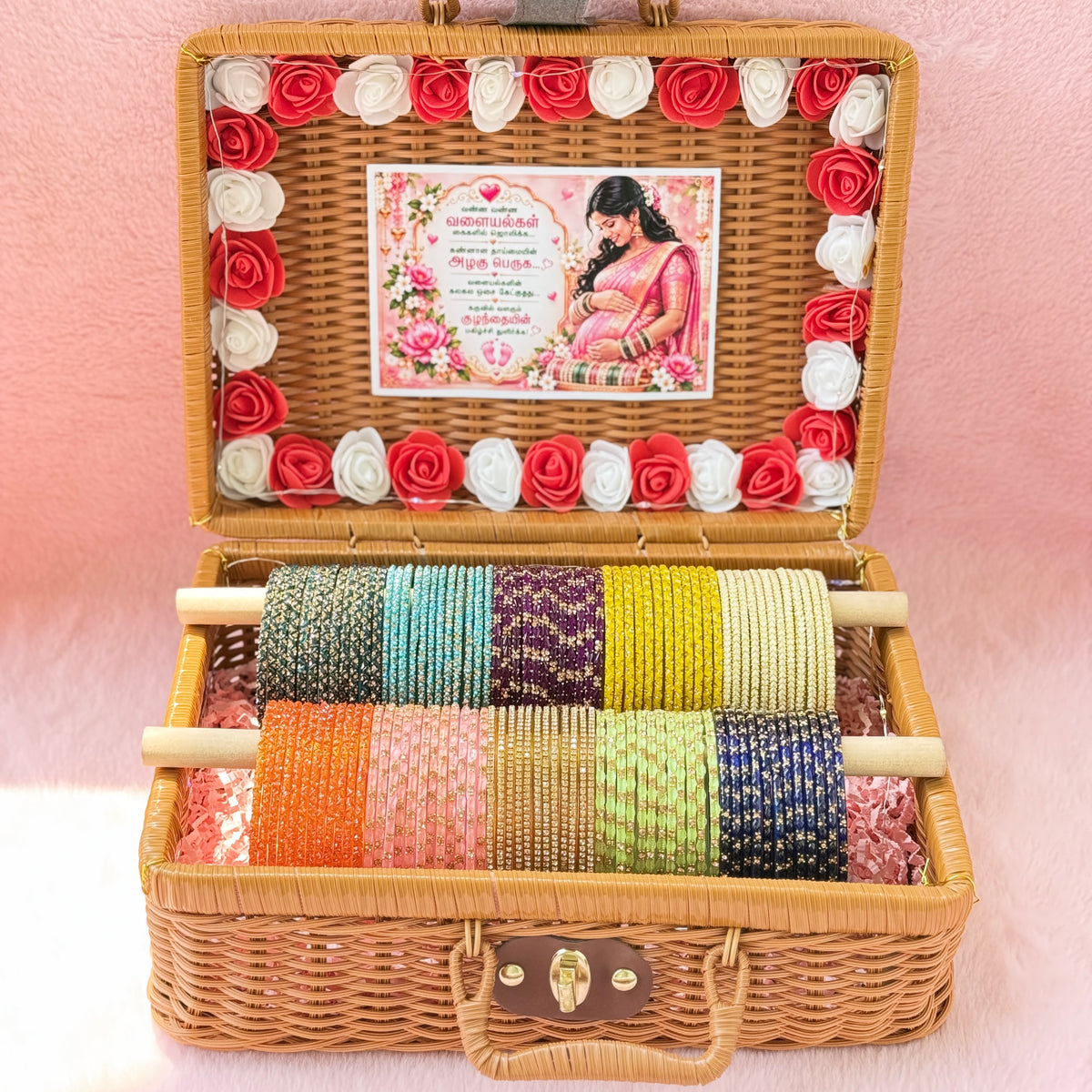 Premium Valaikappu Glass Bangle Hamper Gift Box – 10 Color Designer Bangles Set in Handcrafted Suitcase | Size 2.8