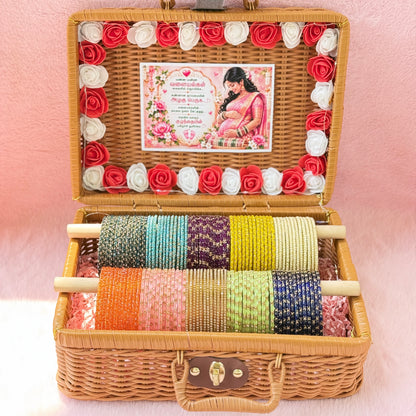 Premium Valaikappu Glass Bangle Hamper Gift Box – 10 Color Designer Bangles Set in Handcrafted Suitcase | Size 2.8