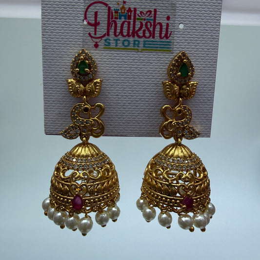 Temple Style Antique Gold Jhumka Earrings with Pearl Drops