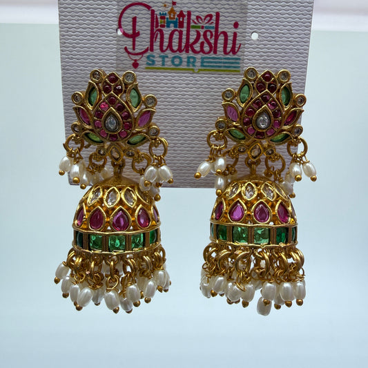 Traditional Kundan Stone Jhumka Earrings with Pearl Drops – Multicolor Temple Style
