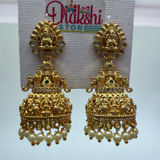 Lakshmi Temple Jhumka Earrings with Pearl Drops – Antique Gold Traditional Jewellery
