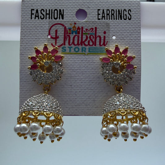 Pink Floral Stone Jhumka Earrings with Pearl Drops – Party Wear Ethnic Jewellery