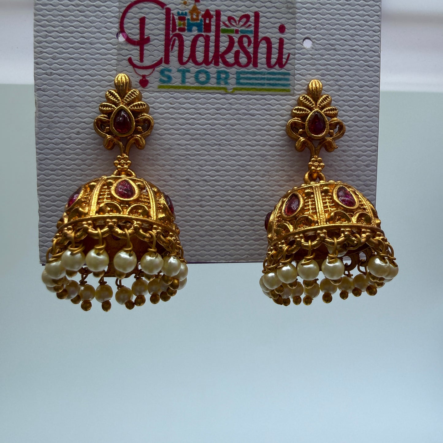 Traditional Gold Ruby Stone Jhumka Earrings with Pearl Drops – Temple Style