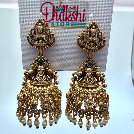 Antique Lakshmi Temple Jhumka Earrings with Pearl Drops – Traditional Bridal Jewellery