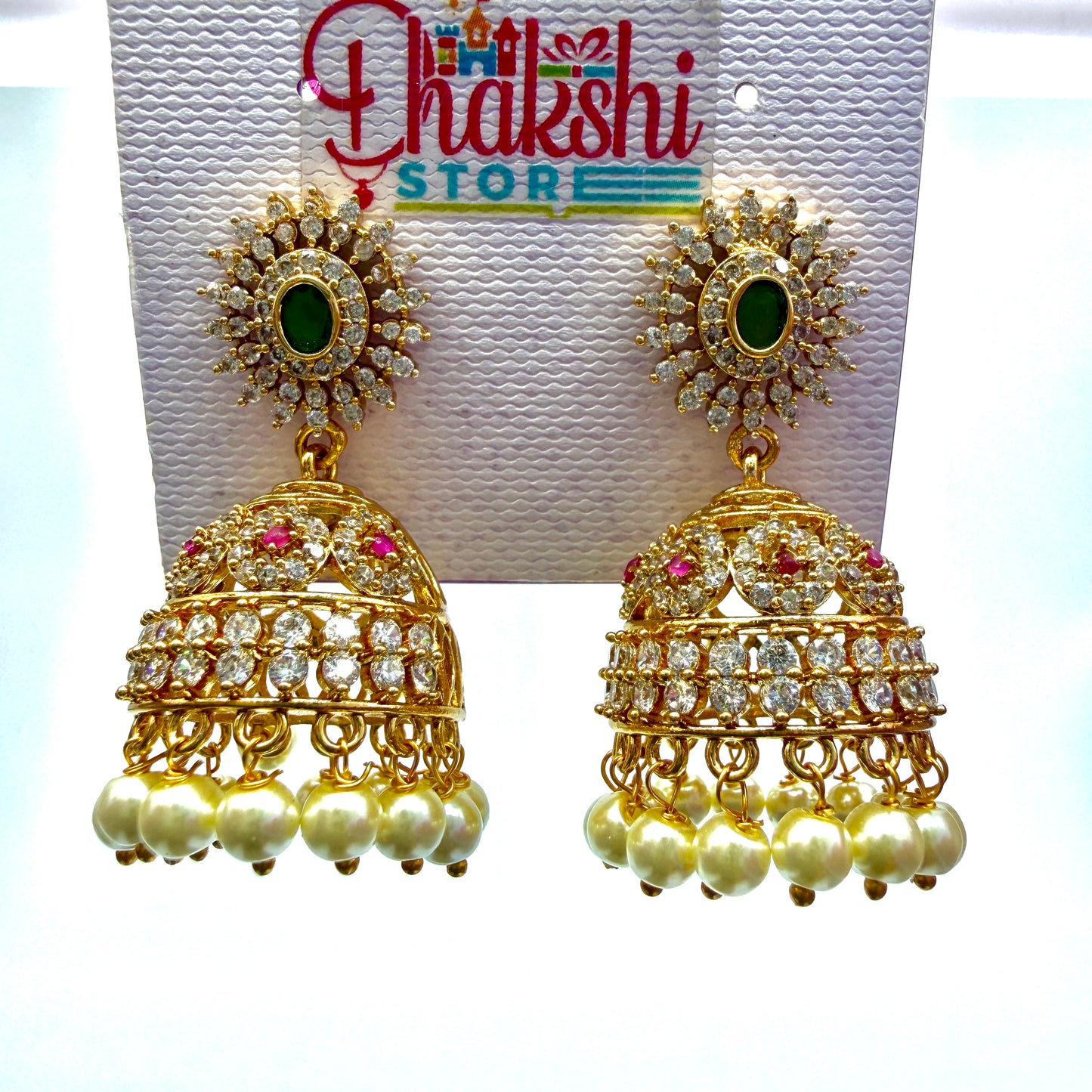 Green Stone Diamond Style Jhumka Earrings with Pearl Drops – Premium Party Wear
