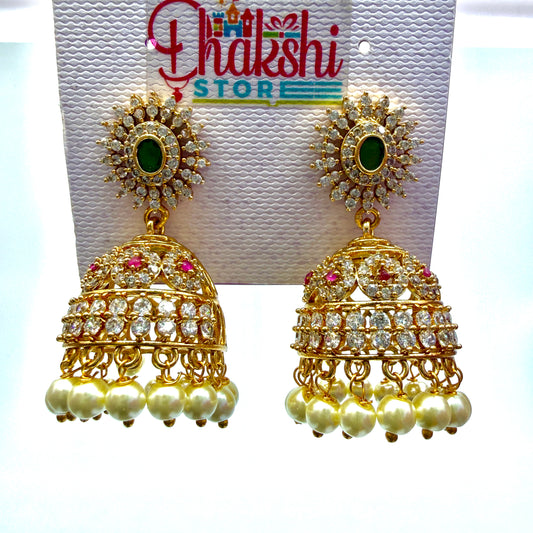 Green Stone Diamond Style Jhumka Earrings with Pearl Drops – Premium Party Wear
