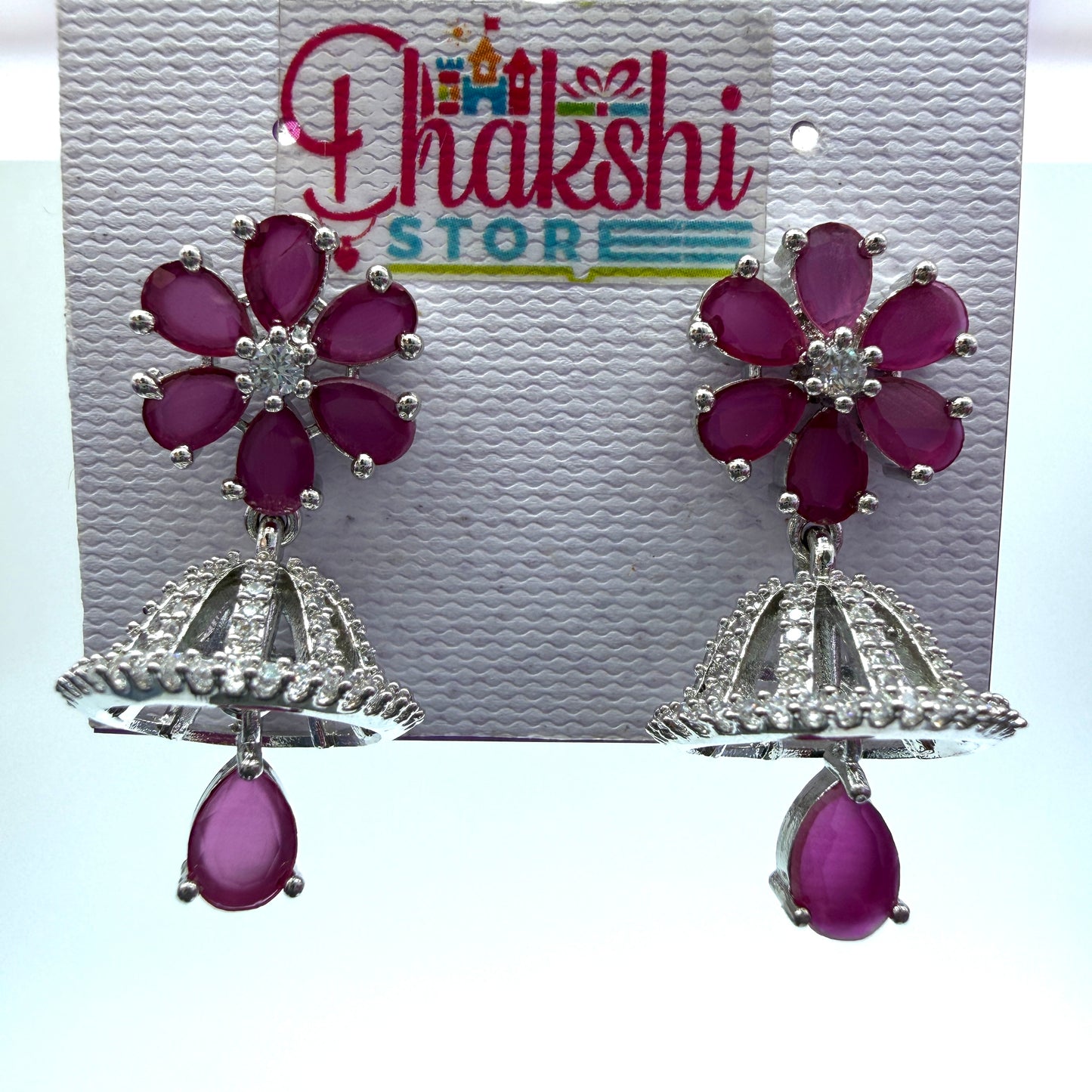 Pink Floral Designer Jhumka Earrings with Teardrop Pendant – Silver Finish Party Wear