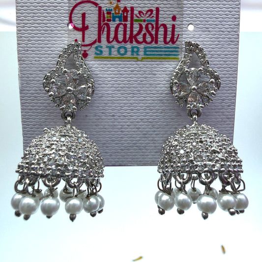 Silver Crystal Designer Jhumka Earrings with Pearl Drops – Luxury Party Wear