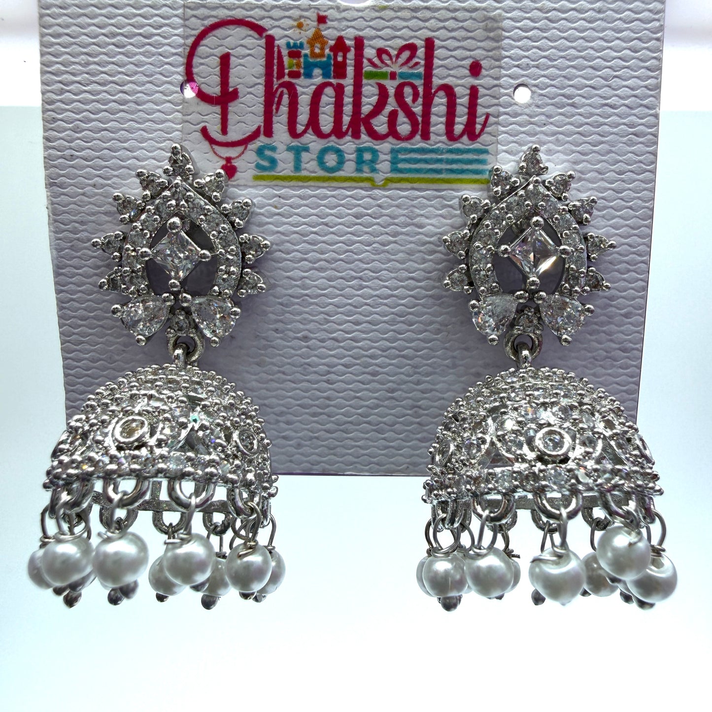 Silver Crystal Designer Jhumka Earrings with Pearl Drops – Elegant Party Wear