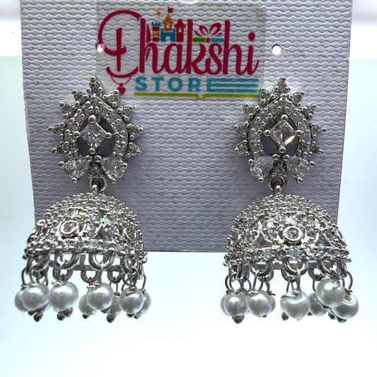 Silver Crystal Designer Jhumka Earrings with Pearl Drops – Elegant Party Wear