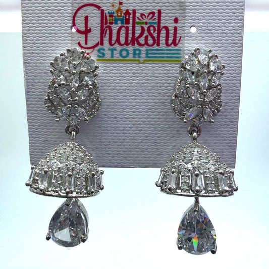 Luxury Crystal Designer Jhumka Earrings with Teardrop Pendant – Silver Finish