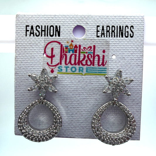 Silver Floral Crystal Drop Earrings – Elegant Party Wear
