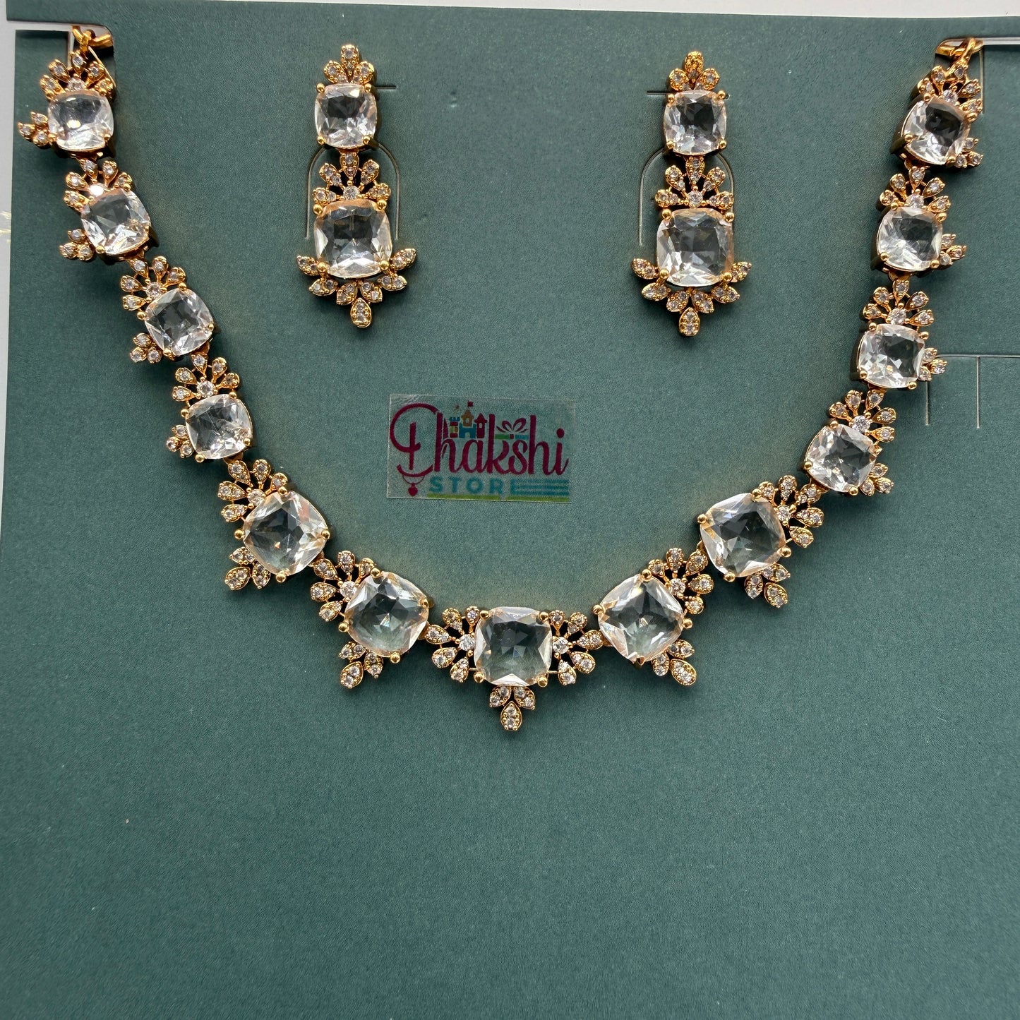 Crystal Designer Necklace Set with Large Stones – Gold Finish Party Wear