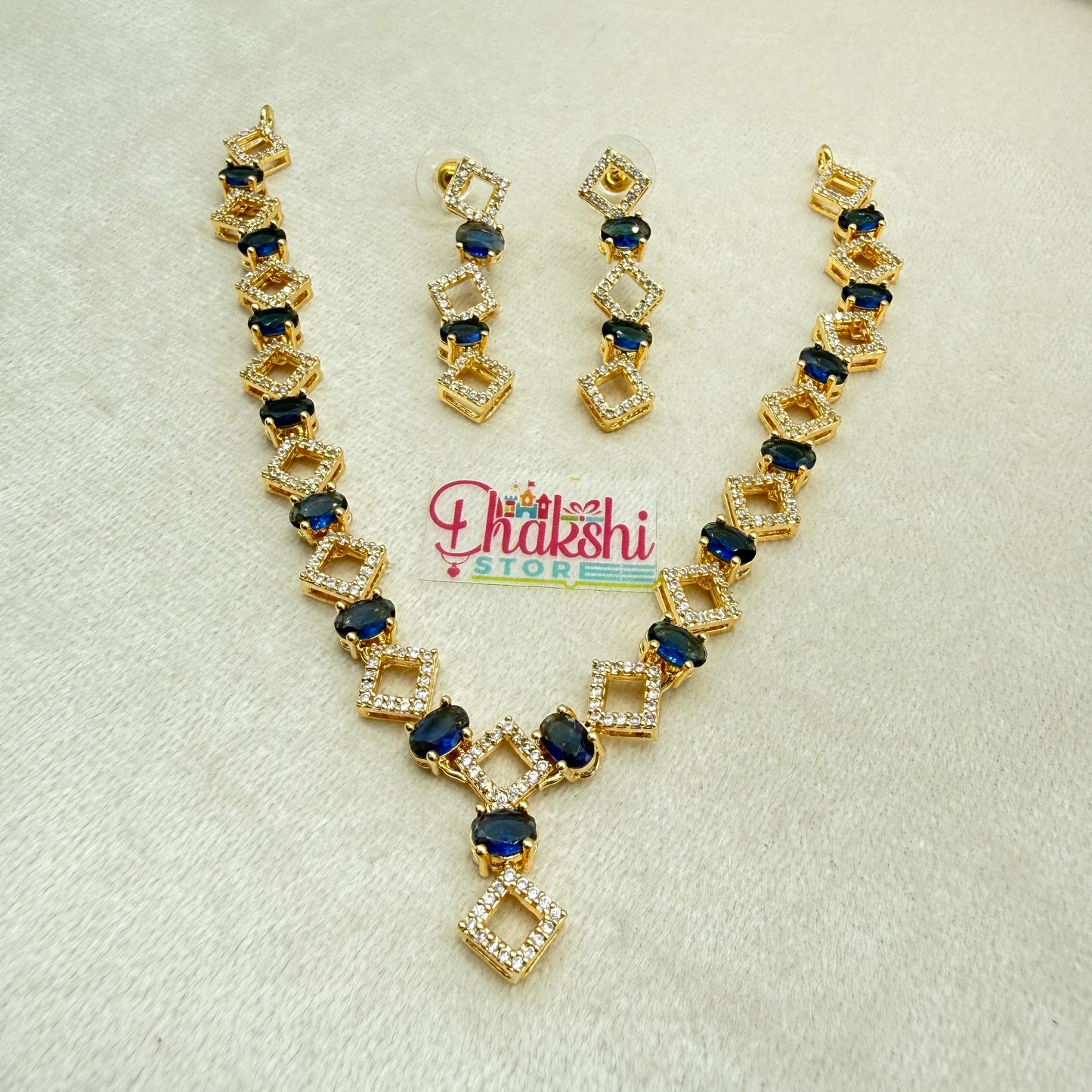 Blue Stone Geometric Necklace Set – Gold Finish Designer Jewellery