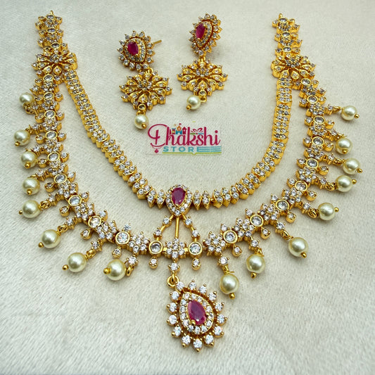 Royal Ruby Crystal Bridal Necklace Set with Pearls – Gold Finish Wedding Jewellery