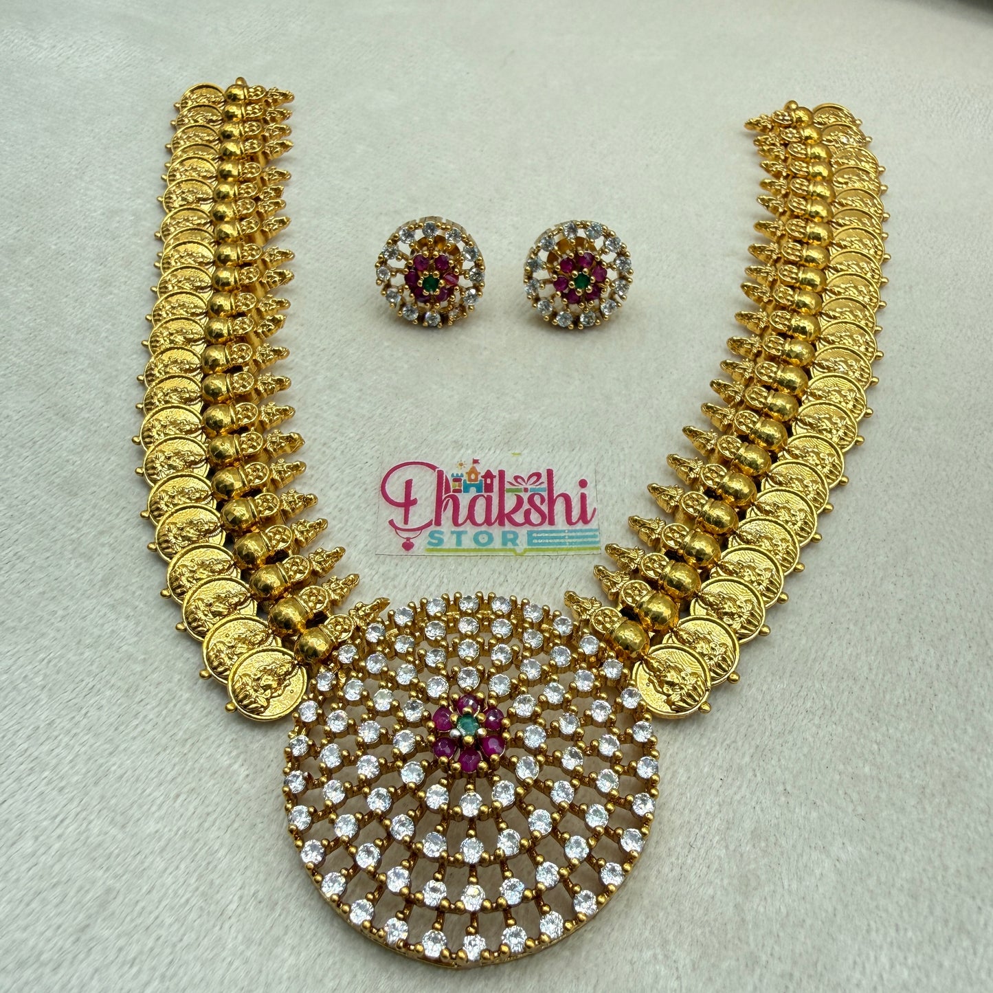 Lakshmi Coin Temple Necklace Set with Crystal Pendant – Traditional Gold Finish Jewellery