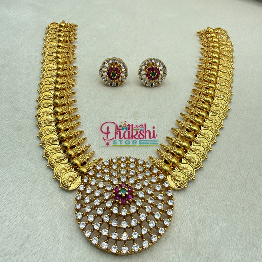 Lakshmi Coin Temple Necklace Set with Crystal Pendant – Traditional Gold Finish Jewellery