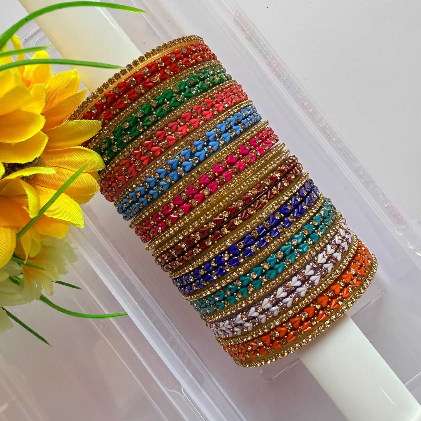 Premium Valaikappu Combo Set – 10 Color Heart Cutting Stone Studded Glass Bangles (32 Pieces)