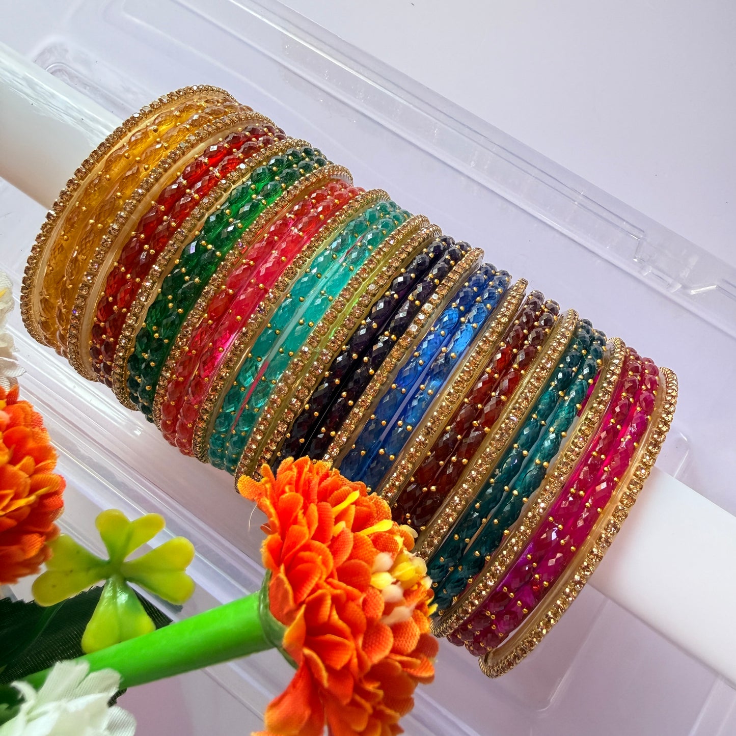 Premium Valaikappu Combo Rain Drop Stone Studded Glass Bangle Set – 10 Color (32 Pieces)