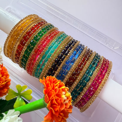 Premium Valaikappu Combo Rain Drop Stone Studded Glass Bangle Set – 10 Color (32 Pieces)