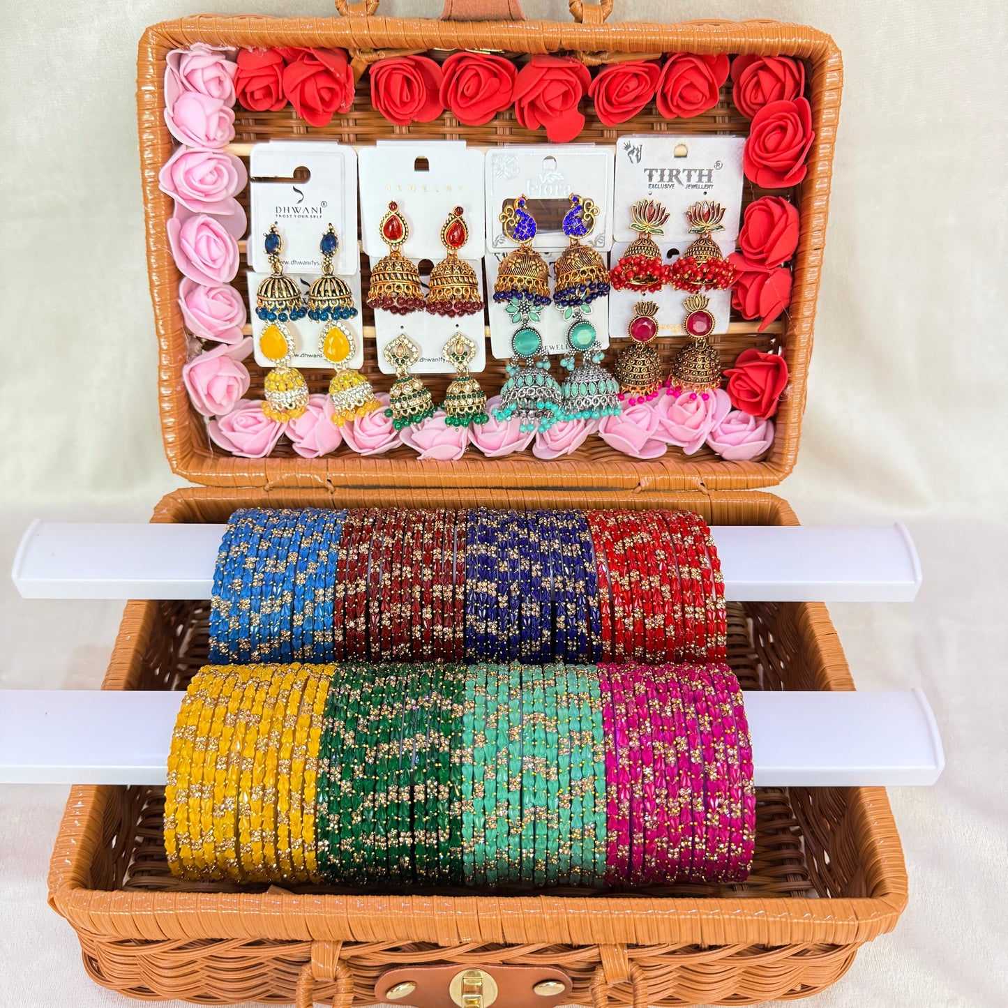 Heart Drop Glass Bangle with Matching Jiumka Combo Set (8 Colors Premium Box)