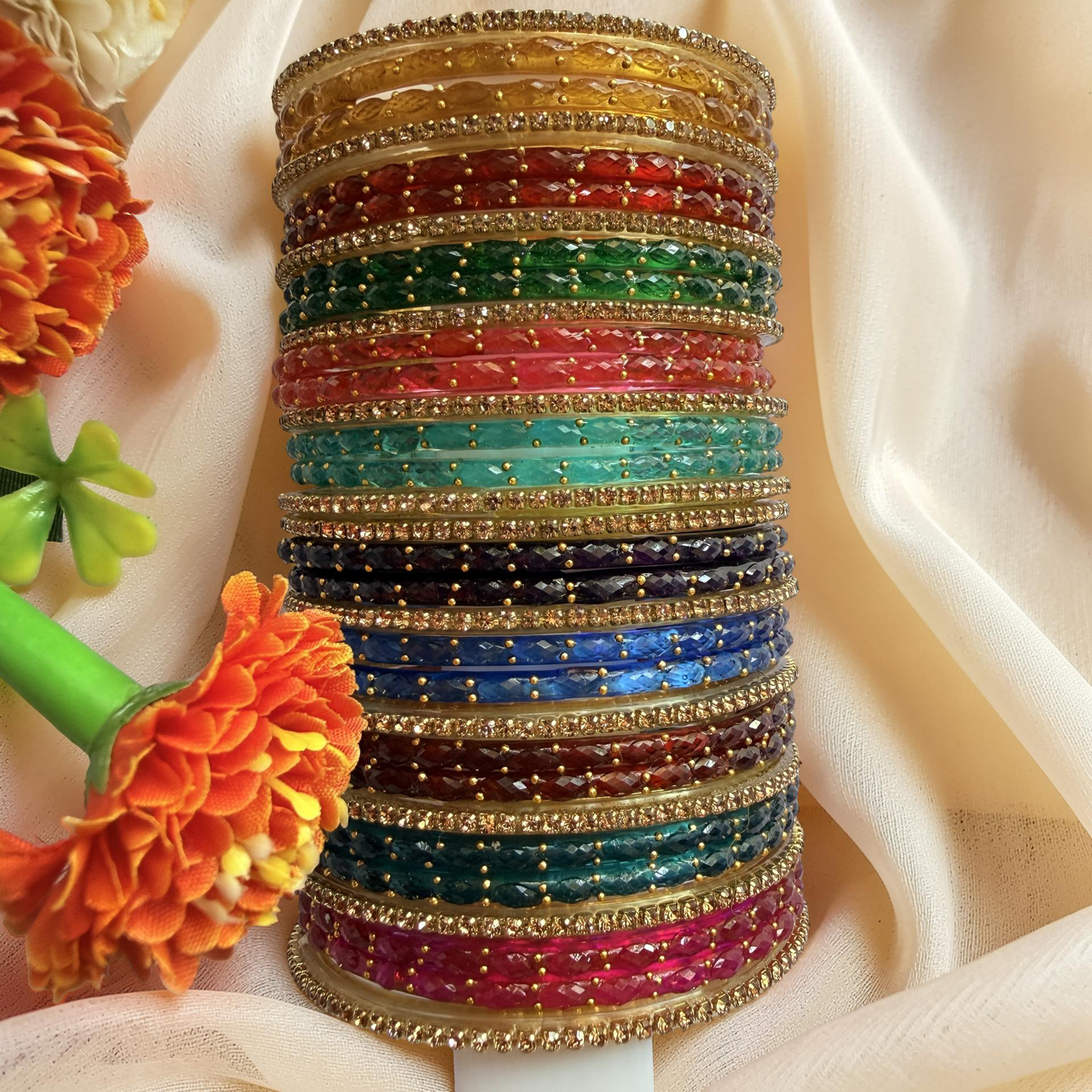 Premium Valaikappu Combo Rain Drop Stone Studded Glass Bangle Set – 10 Color (32 Pieces)