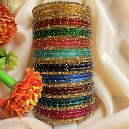 Premium Valaikappu Combo Rain Drop Stone Studded Glass Bangle Set – 10 Color (32 Pieces)
