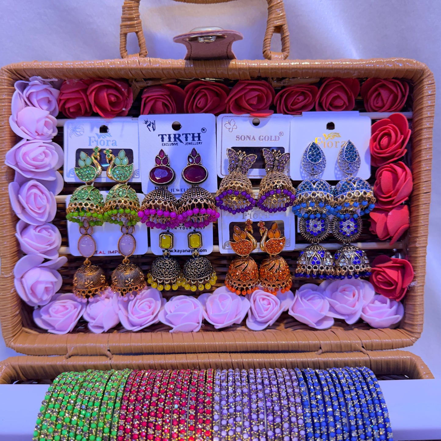 Premium Silky Match Pearl Glass Bangle Combo with Designer Jhumka – Multi Color Set