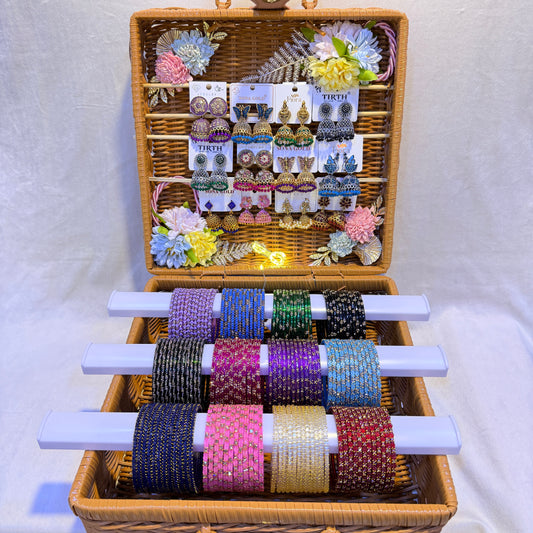 Trending Premium Glass Bangles with Matching Earrings Combo Box (12 Dozen Set)