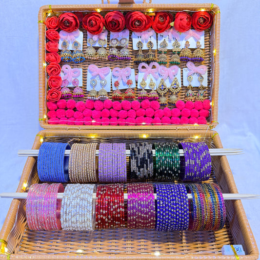 Premium Designer Glass Bangles with Matching Jhumka Earrings Combo Box (12 Dozen | Bridal Collection)