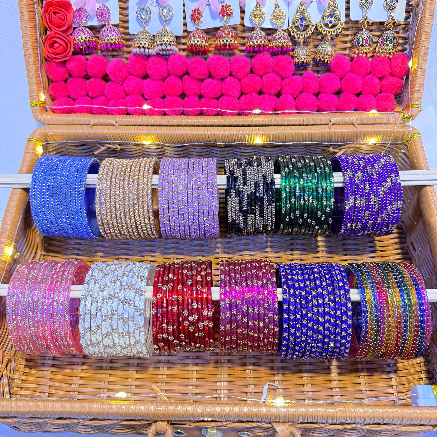 Premium Designer Glass Bangles with Matching Jhumka Earrings Combo Box (12 Dozen | Bridal Collection)