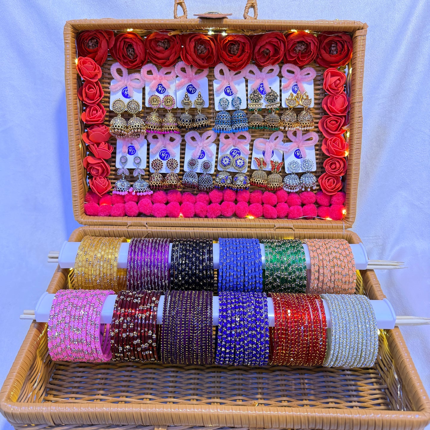 Luxury Stone Work Glass Bangles with Matching Jhumka Earrings Combo Box (12 Dozen | LED Basket Set)