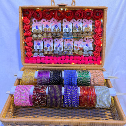 Luxury Stone Work Glass Bangles with Matching Jhumka Earrings Combo Box (12 Dozen | LED Basket Set)