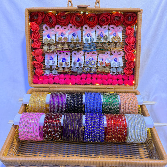 Luxury Stone Work Glass Bangles with Matching Jhumka Earrings Combo Box (12 Dozen | LED Basket Set)