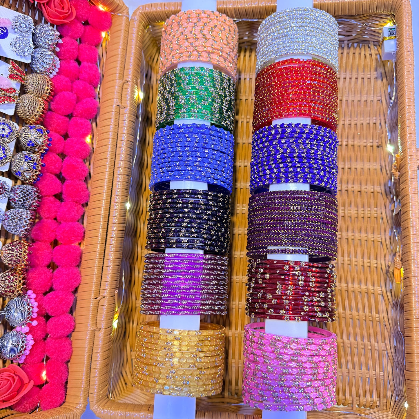 Luxury Stone Work Glass Bangles with Matching Jhumka Earrings Combo Box (12 Dozen | LED Basket Set)