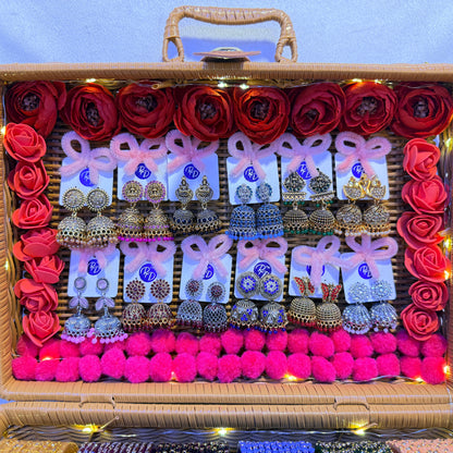 Luxury Stone Work Glass Bangles with Matching Jhumka Earrings Combo Box (12 Dozen | LED Basket Set)
