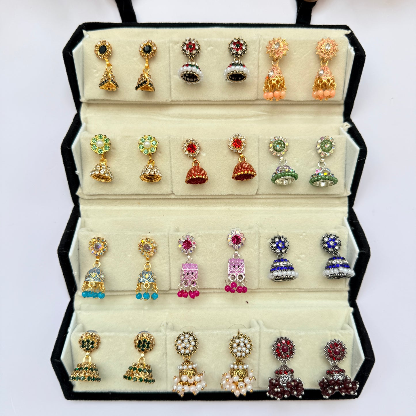 Premium Traditional Jhumka Earrings Combo Box – 12 Pairs Ethnic Stone & Pearl Collection