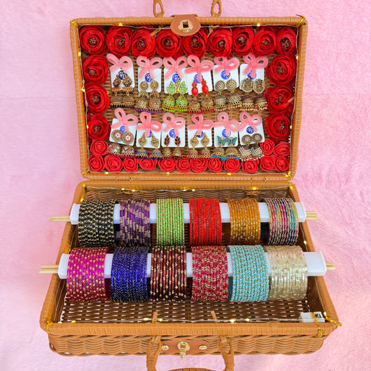 Premium Valaikappu Gift Combo Suitcase – 12 Jhumka Sets & Multi-Color Glass Bangles (Red Rose Edition)