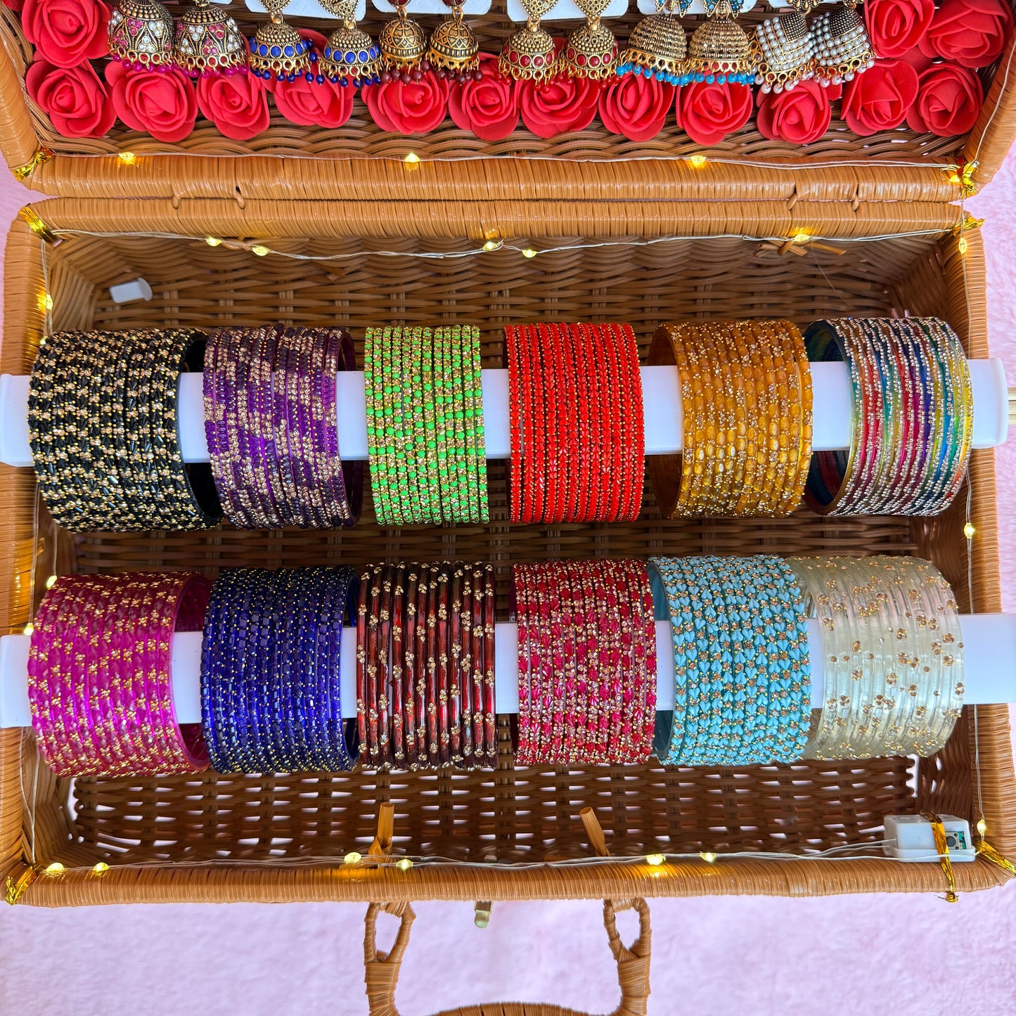 Premium Valaikappu Gift Combo Suitcase – 12 Jhumka Sets & Multi-Color Glass Bangles (Red Rose Edition)