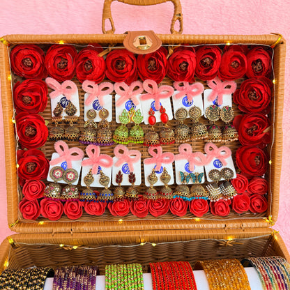 Premium Valaikappu Gift Combo Suitcase – 12 Jhumka Sets & Multi-Color Glass Bangles (Red Rose Edition)