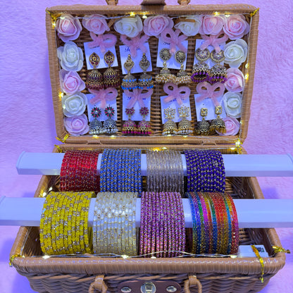 8 Dozen Premium Glass Bangles with Matching Jimuka Earrings Combo Set | Luxury Basket Gift Box