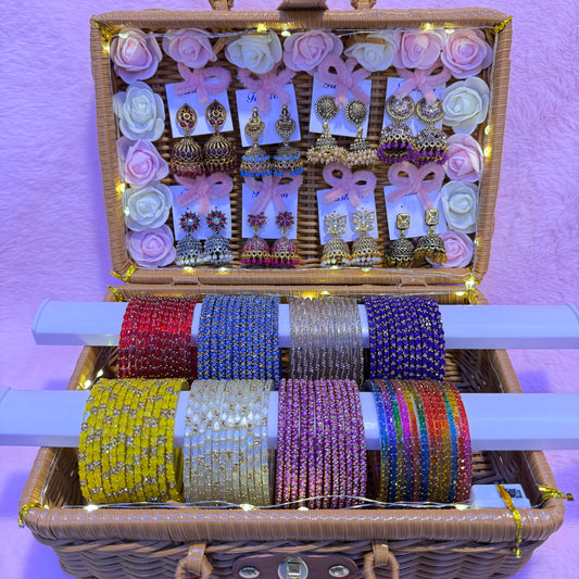8 Dozen Premium Glass Bangles with Matching Jimuka Earrings Combo Set | Luxury Basket Gift Box