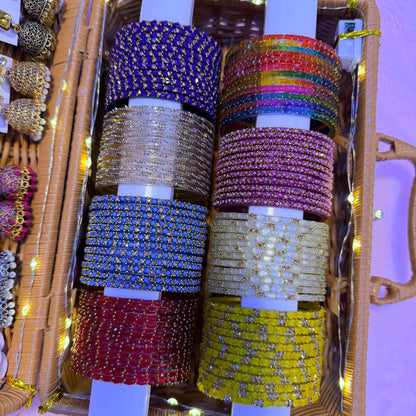 8 Dozen Premium Glass Bangles with Matching Jimuka Earrings Combo Set | Luxury Basket Gift Box