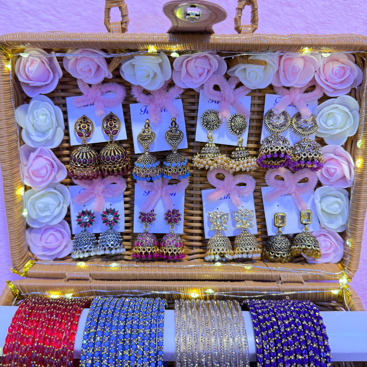 8 Dozen Premium Glass Bangles with Matching Jimuka Earrings Combo Set | Luxury Basket Gift Box