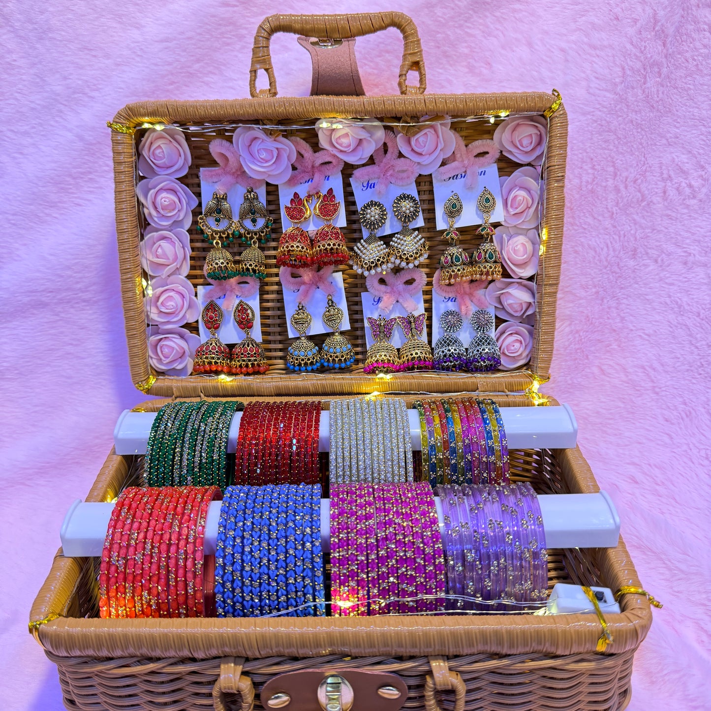 8 Dozen Trending Glass Bangles with Matching Jimuka Earrings Combo Set | Premium Gift Box