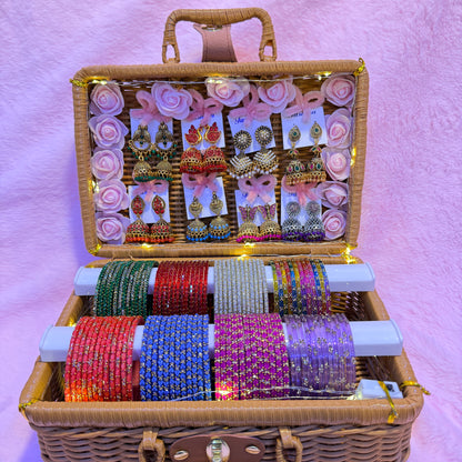 8 Dozen Trending Glass Bangles with Matching Jimuka Earrings Combo Set | Premium Gift Box