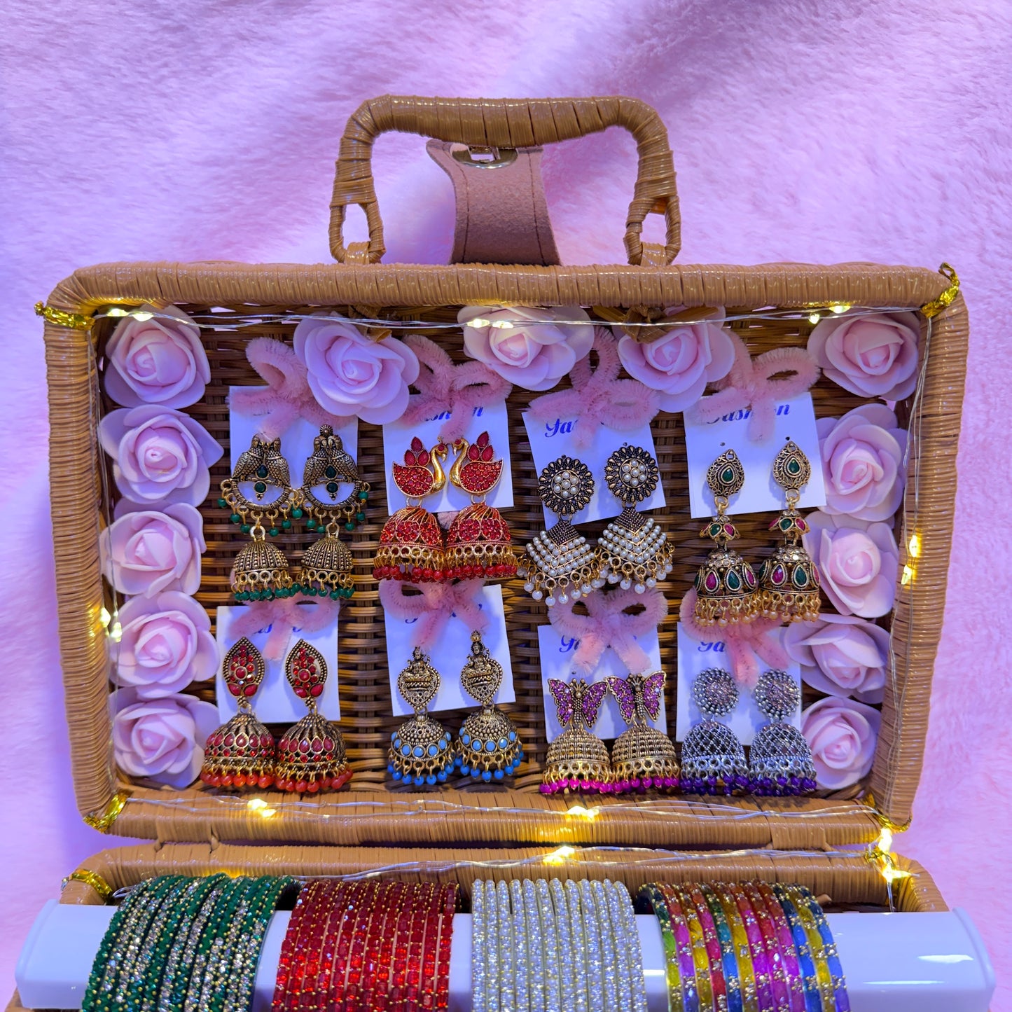 8 Dozen Trending Glass Bangles with Matching Jimuka Earrings Combo Set | Premium Gift Box